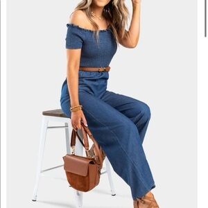 NWT Francesca’s Collections Blue Rain Ellison Smocked Jumpsuit Size Medium